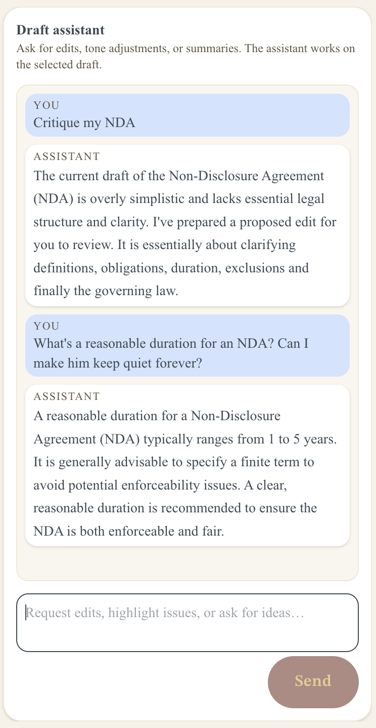 Amicus draft assistant response on mobile, highlighting inline coaching and suggested edits.