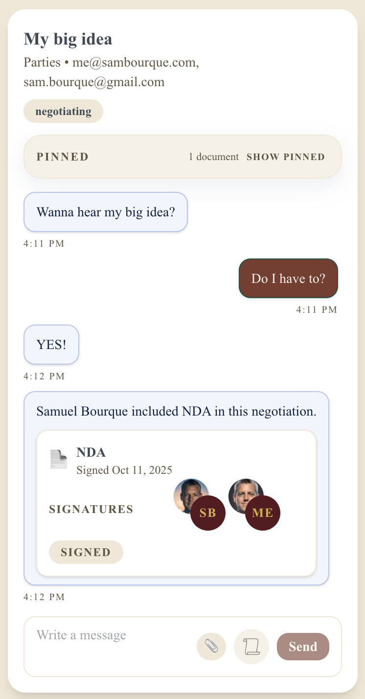 Amicus NDA snapshot showing executed signatures, participant roster, and completion checklist on mobile.